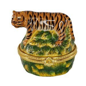 Vintage CBK Ceramic Tiger Hinged Trinket Box Wild Animal Critter On Leaves